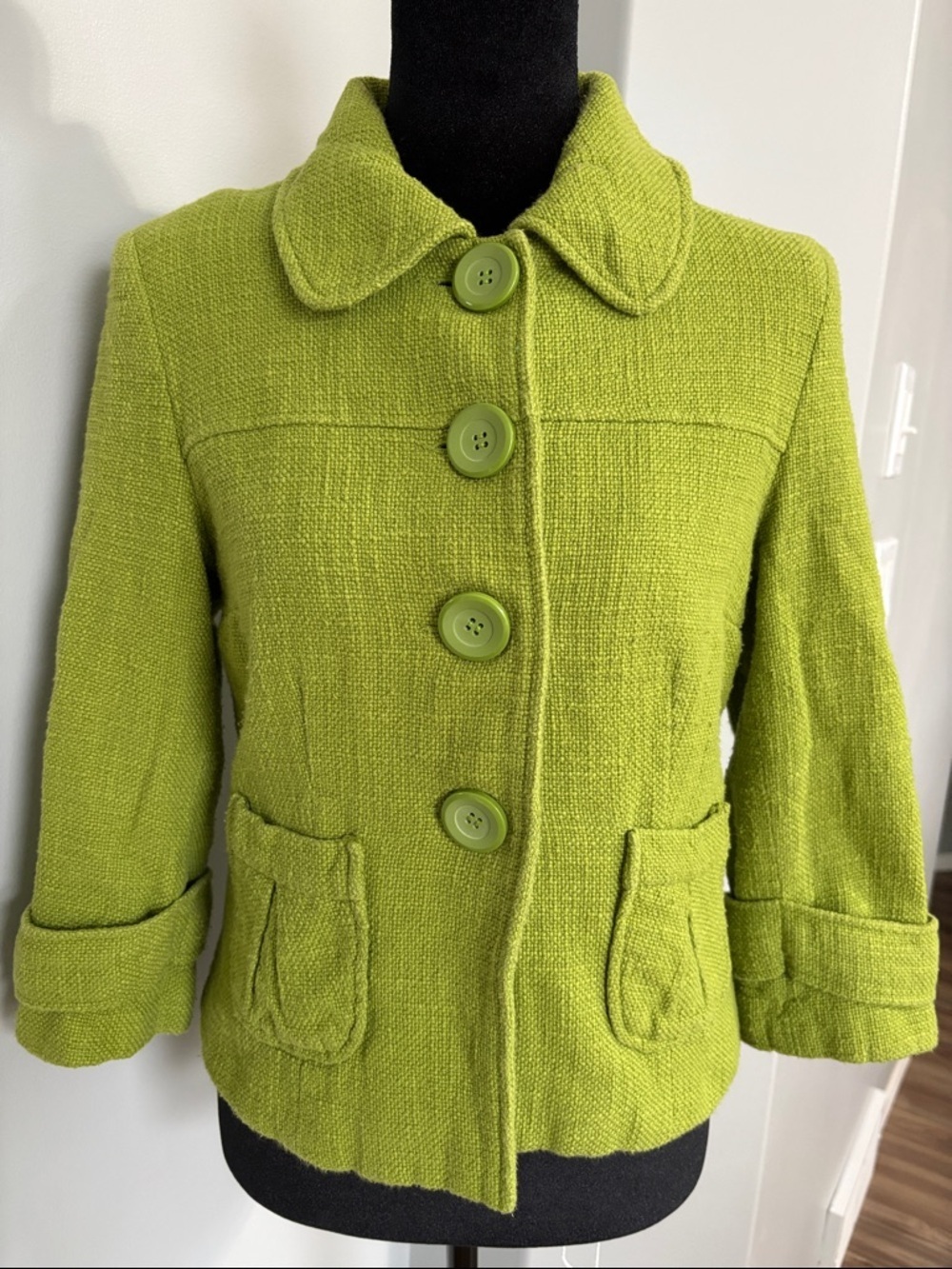 Jessica Chartreuse Button-Front Textured Jacket